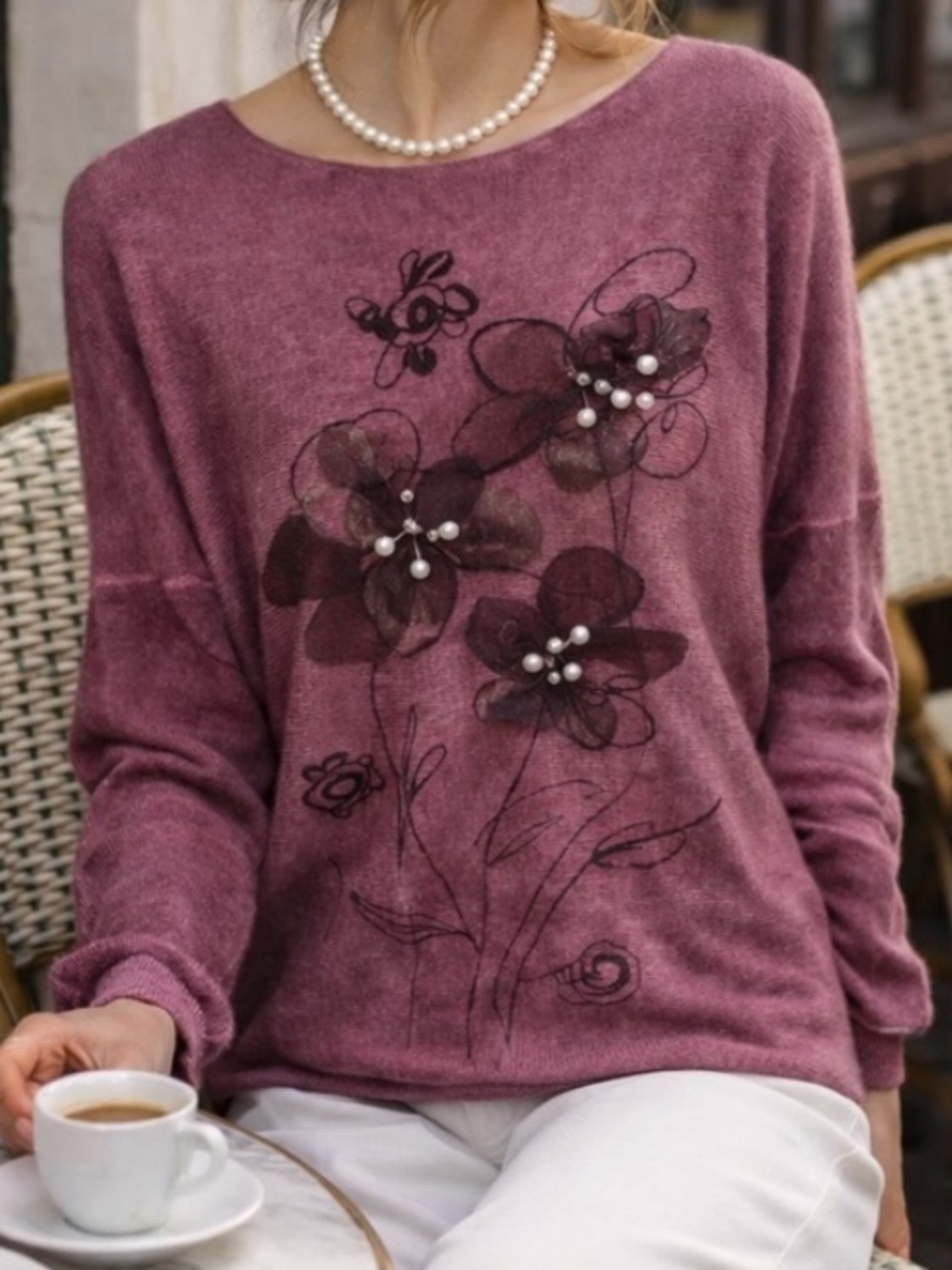 AMO, Floral Art Knit Sweater Pink Pearl Beaded Mesh Flowers Lightweight,Size M